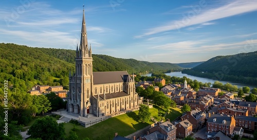 Majestic Gothic Cathedral Spire Reaching Towards a Blue Sky Overlooking a Picturesque Town and River Valley.