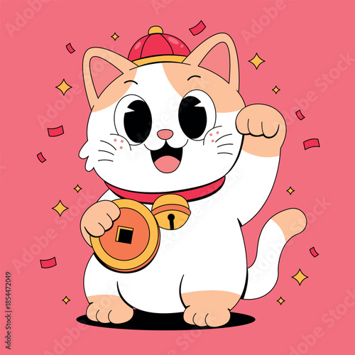 Cute Lucky Cat Maneki-Neko with Gold Coin and Bell