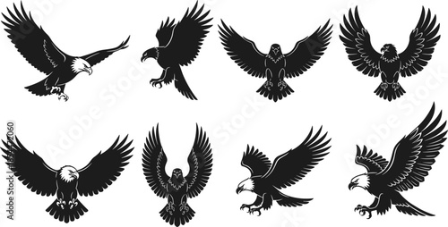 Eagle silhouette collection set, flying bald eagle with open wings and sharp claws, predatory bird of prey vector illustration black nature icons,