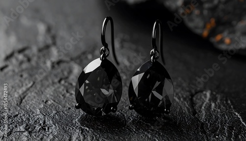 Close-up of teardrop-shaped earrings, hanging from black hooks, displaying a multifaceted, glossy finish on a dark, textured surface