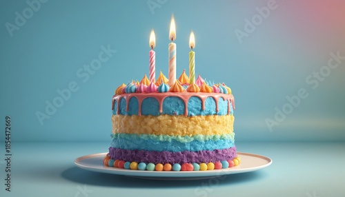 Colorful Layered Cake with Candles and Pastel Icing Decoration 