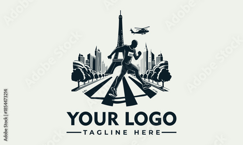 Dynamic urban runner vector logo template featuring a stylized cityscape with an iconic tower and an athlete, perfect for sports, travel, or adventure branding