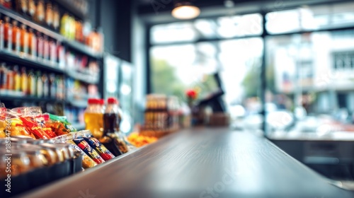 A cozy shop interior featuring shelves stocked with beverages and snacks, with a wooden counter in the foreground and natural light flowing through large windows.