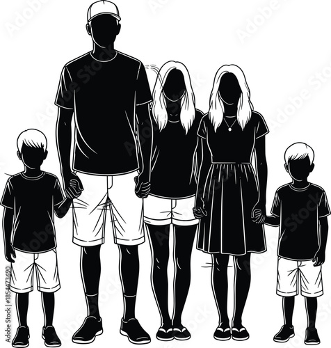 Happy family silhouette set, parents with children standing together, mother and father with sons and daughters vector illustration, casual community group icons