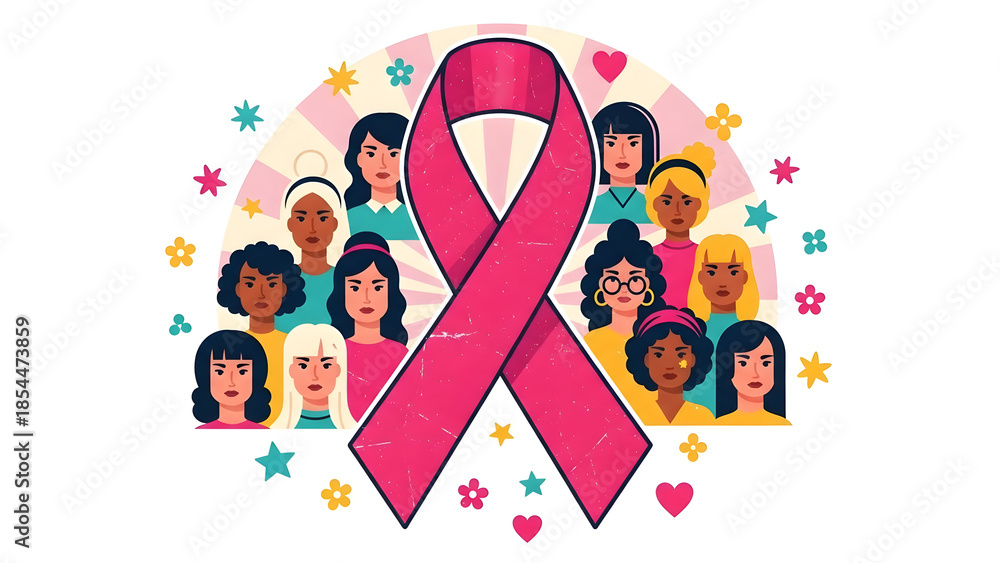 Fototapeta premium Flat Pink Ribbon Breast Cancer Awareness Concept Illustration Featuring Minimal Feminine Symbolism, and Modern Healthcare Advocacy Design