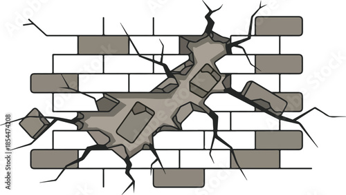 Damaged brick wall illustration showing a section of broken bricks and cracks in the structure
