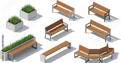 Isometric Wooden Park Benches and Outdoor Planters Set for Urban Landscape Design Public City Furniture and Architectural Garden Scene Graphics