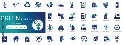 Green energy solid icon set featuring renewable solar wind power, ecology sustainability nature, recycling eco environment, and clean alternative electric editable vector icons.