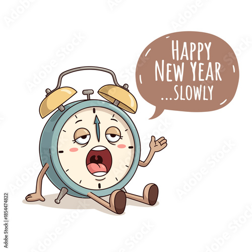 Sleepy Alarm Clock Yawning Happy New Year Slowly Illustration