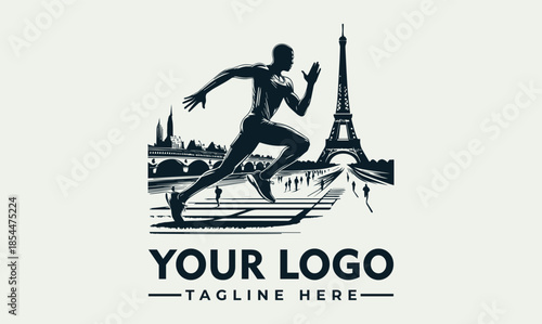 Dynamic runner silhouette vector logo capturing an athlete's powerful sprint through a stylized European cityscape, ideal for sports events and travel branding design