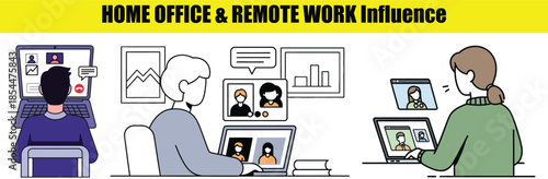 People in video calls and online meetings on laptops at home woman male