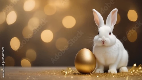 A golden Easter egg and cute Easter bunny. Happy easter day.