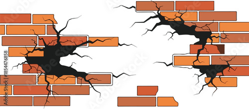 Illustration of Cracked Brick Walls Showing Damage and Destruction, for Design Concept and Backgrounds