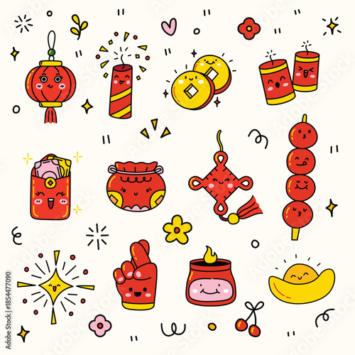 Cute kawaii illustration set featuring Chinese New Year elements like lanterns firecrackers lucky coins envelopes and festive ornaments