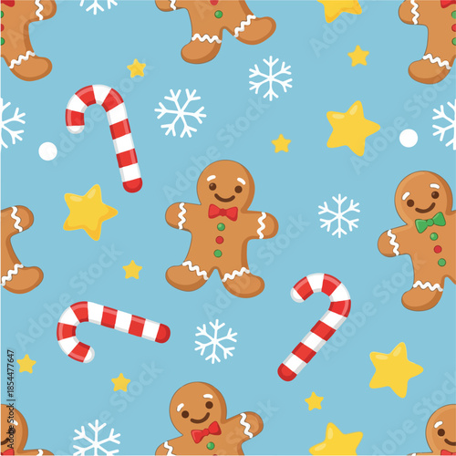 Festive Christmas pattern featuring gingerbread men, candy canes, and stars on a light blue background, seamless design for holiday wrapping paper
