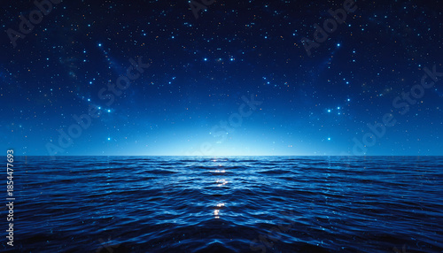 星が瞬く静かな夜の海：Starry Night Ocean Horizon
