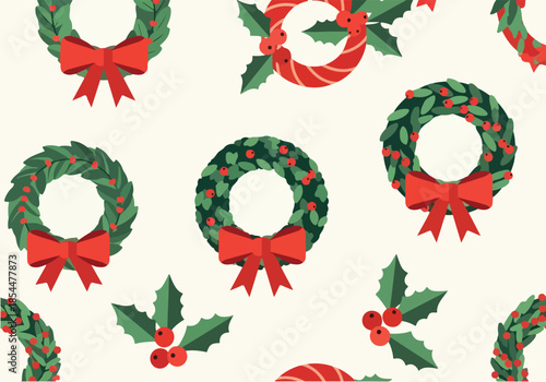 Festive Christmas Pattern Featuring Wreaths and Holly Leaves on Cream Background