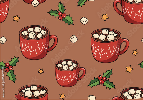 Festive Holiday Pattern with Mugs and Holly