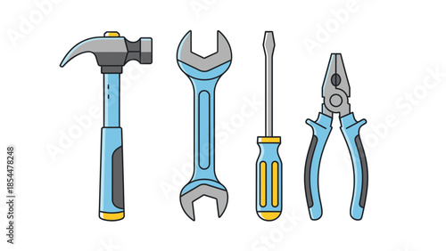 A set of commonly used hand tools including a hammer, wrench, screwdriver, and pliers