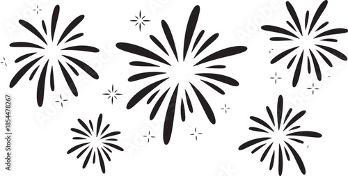 Black fireworks bursts and starbursts on white background