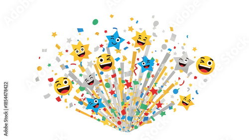 Abstract colorful vector illustration featuring a pattern of festive confetti shapes and flowers on a white background for a happy birthday celebration or holiday party wallpaper design