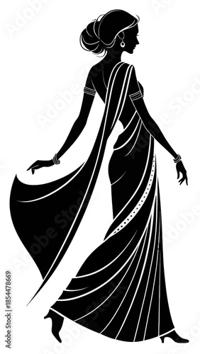 walking woman in saree black and white vector illustration 