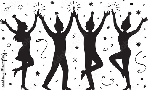 Black silhouette figures celebrating with party hats and confetti