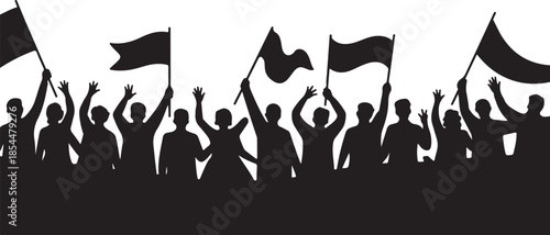 Black silhouette crowd with raised arms and flags people
