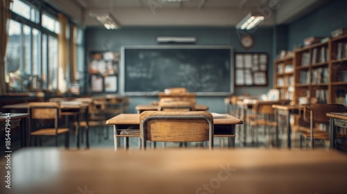 A quiet classroom with wooden desks, a chalkboard, and bookshelves, capturing an inviting learning environment.