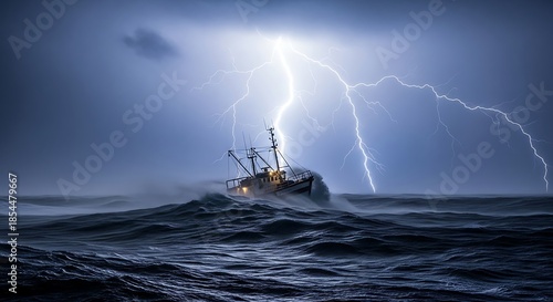 Fishing boat in a storm with lightning strikes at sea.