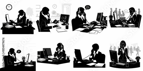 Black and white silhouette collection of female office workers talking on phones at desks, representing business communication and support.