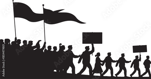 Black silhouette of a crowd marching with flags and signs