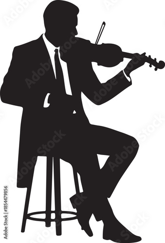 Black silhouette of a man playing the violin while seated