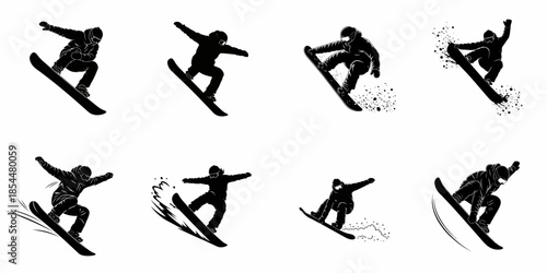 Dynamic black silhouette collection of eight snowboarders executing various jumps and tricks in extreme winter sport action.