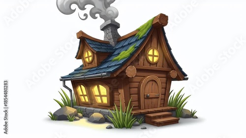 Cozy Pixel Art Cabin With Glowing Windows And Smoke From Chimney