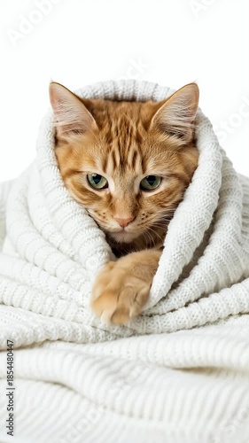 Cozy Orange Cat Wrapped in White Knitted Blanket with Snowflakes