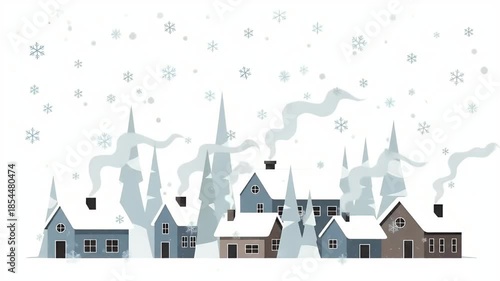 Cozy Winter Village Scene Snowy Houses and Tall Trees with Smoke