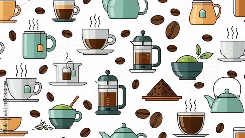 Cozy Tea And Coffee Pattern Background With Steaming Mugs And Kettles