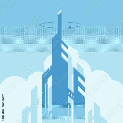Futuristic Towers showing with the Clouds Skyline, Blue Tone Pixel Art Illustration