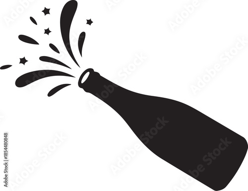 Black silhouette of champagne bottle with splashing liquid and stars