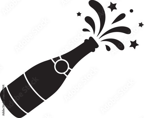 Black silhouette of champagne bottle with splashing liquid and stars