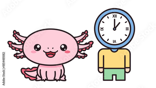 Sitting Axolotl With Clock Head Mascot