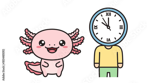 Axolotl Cartoon With Clock Head Standing