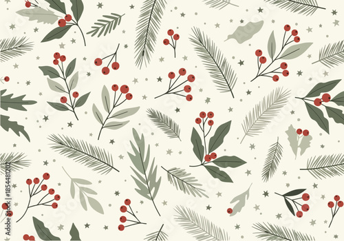 A festive Christmas pattern featuring holly, leaves, and berries on a white background, showcasing a seamless design for holiday-themed projects