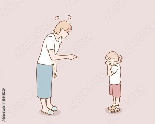 mother angry to kid because of bad attitude. Original vector illustration drawn by hand.