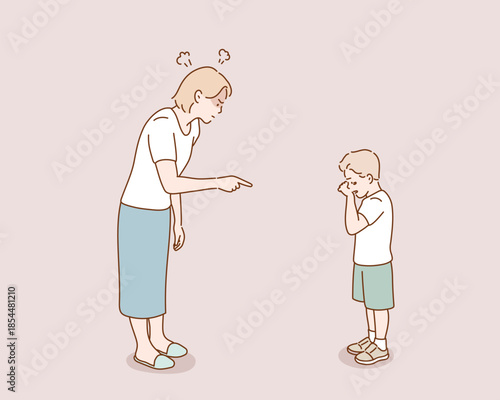 mother angry to kid because of bad attitude. Original vector illustration drawn by hand.