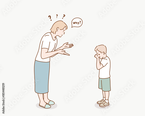 A mother panicking with her crying son, asking him why he is crying. Original vector illustration drawn by hand.