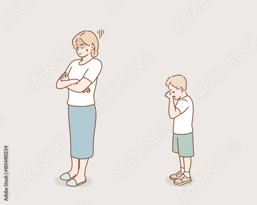 A tired mother turning away and a crying son. Original vector illustration drawn by hand.