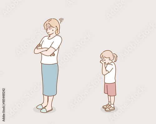 A tired mother turning away and a crying daughter. Original vector illustration drawn by hand.