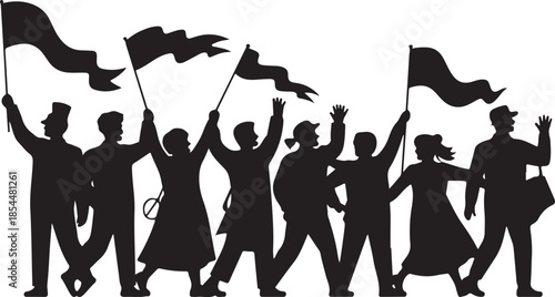 Black silhouette of diverse people marching with flags